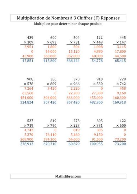 Multiplication de Nombres à 3 Chiffres par des Nombres à 3 Chiffres F