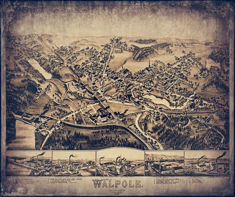 Walpole Massachusetts Vintage Map Birds Eye View 1882 Sepia Photograph