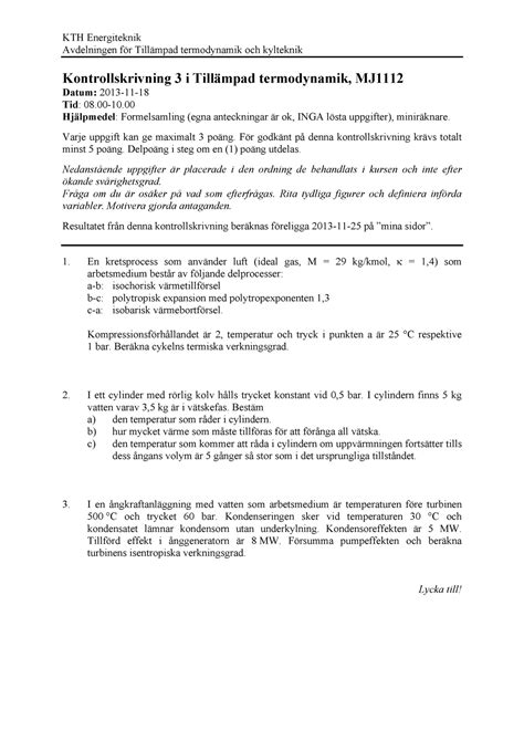 Kontrollskrivning 3 HT2013 KTH Energiteknik Avdelningen för Tillämpad