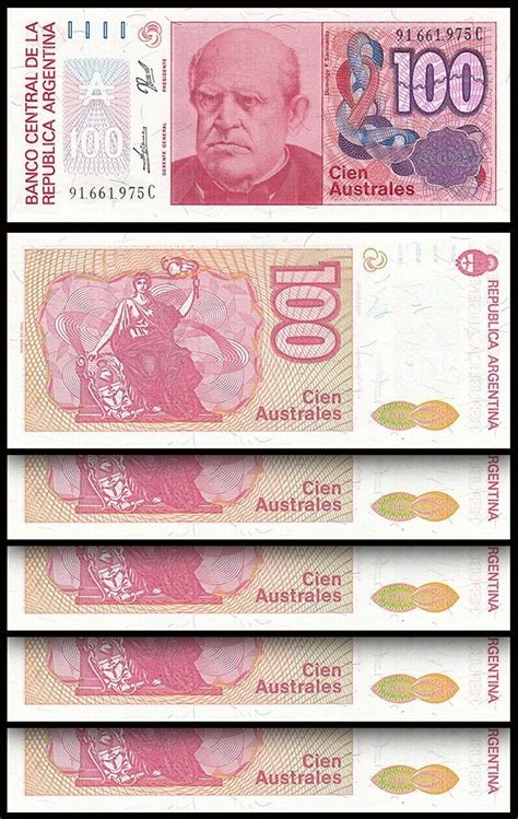 Argentina 100 Australes 1985 1990 UNC 5 PCS Consecutive LOT P 327C