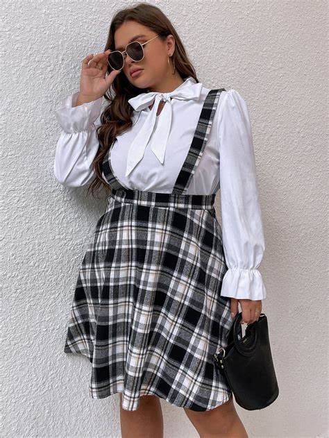 Plus Plaid Print Suspender Skirt Work Outfits Women