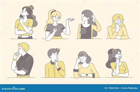 Pensive Thoughtful People Cartoon Vector Illustrations Young Guys And