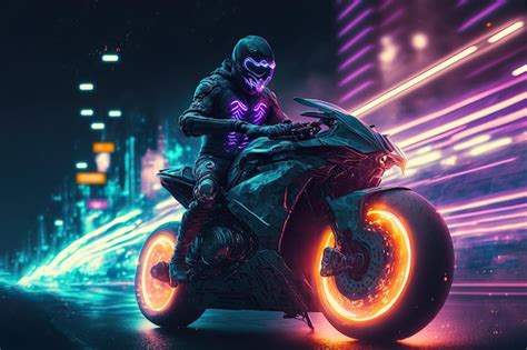 Premium Photo Riding Futuristic Sport Motorcycle In A Night City