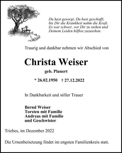 Traueranzeigen Von Christa Weiser Trauer In Thueringen De