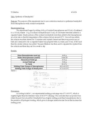 Chm Lab Report Melting Points Experiment Results Tj Mallon