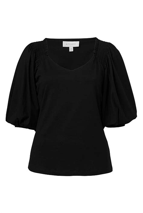 Black Cotton Shirred Shoulder Top Womens Short Sleeve Tops Witchery