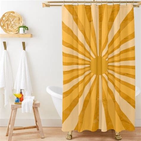 Abstract Shower Curtain Boho Mid Century Vintage Yellow Lines Etsy