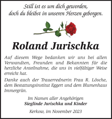 Traueranzeigen Von Roland Jurischka M Rkische Onlinezeitung Trauerportal