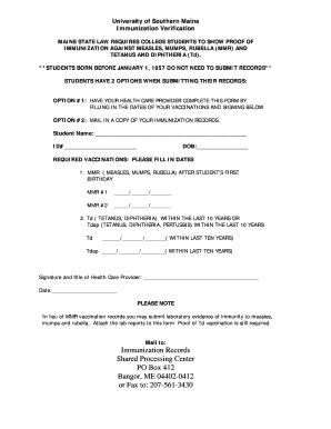 Fillable Online Usm Maine Immunization Form University Of Southern