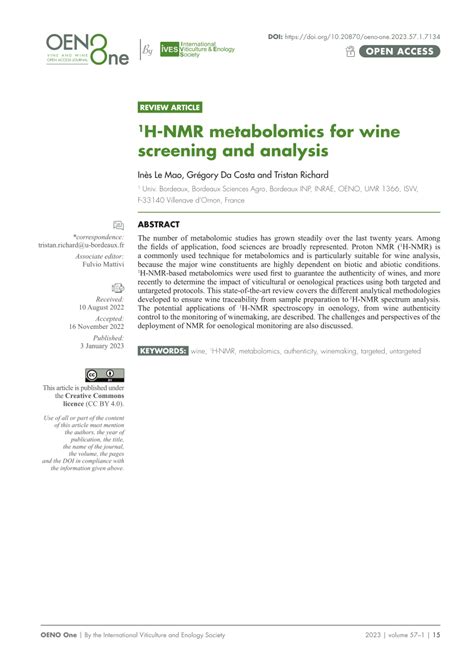 Pdf H Nmr Metabolomics For Wine Screening And Analysis