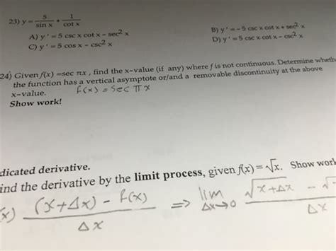 Solved Y 5 Sin X 1 Cot X Y 5 Csc X Cot X Sec 2 X Chegg