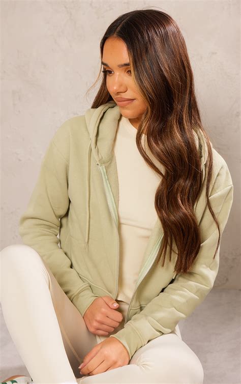 Sage Cropped Zip Hoodie Tops Prettylittlething Usa