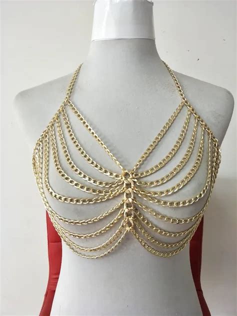 Sexy Bikini Chainmail Tops Harness Bra Body Chest Chain Silver Gold