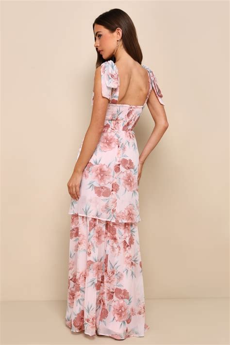 Light Pink Floral Dress Tie Strap Maxi Dress Tiered Dress Lulus