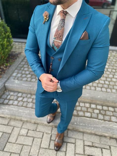 Turquoise Trouwpak Comfortabele Stof Trendy Suits For Men Dress