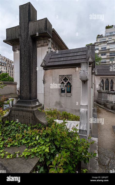 Cross And Burial Tombs Inside Passy Cemetery Paris France 052009