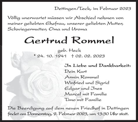 Trauer Gertrud Rommel 07 02 2023 Teckbote Trauerportal