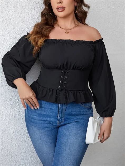 Plus Size Sexy Top Womens Plus Solid Shoulder Lantern Temu