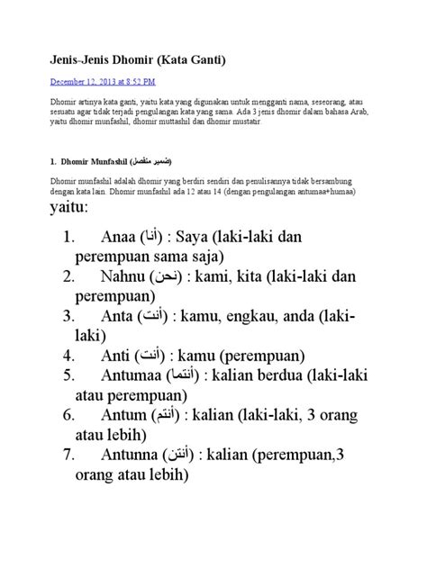 Jenis Jenis Dhomir Kata Ganti Kata Ganti Orang Bahasa Arab Pdf