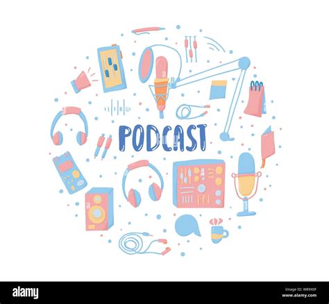 Podcast Round Emblem With Handwritten Lettering And Decoration In Flat