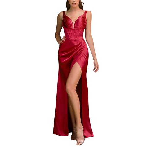 Gzea Cute Dresses For Women Sexy V Neck Satin Fish Bone Fold Slit Sling