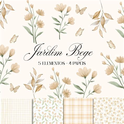 Kit Digital Jardim Bege Nude Aquarela Elo Produtos Especiais