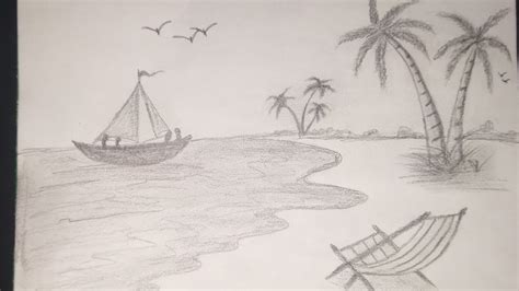 How To Draw A Sea Beach Scenery With Pencilstep By Step For Beginners