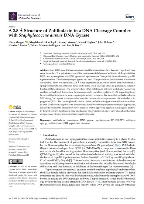 PDF A 2 8 Å Structure of Zoliflodacin in a DNA Cleavage Complex with