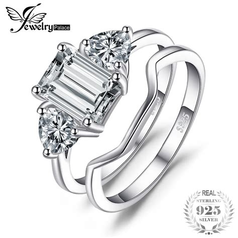 JewelryPalace Emerald Cut Cubic Zirconia 3 Stone Wedding Bridal Ring ...