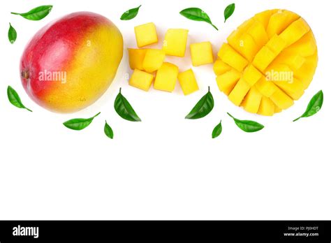 Mango Fruit And Slices Decorated With Leaves Isolated On White