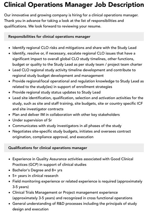 Clinical Operations Manager Job Description Velvet Jobs