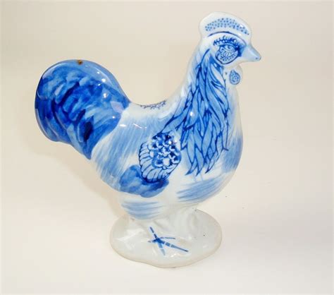 Vintage Blue White Porcelain Rooster Chicken Figurine Country Farm