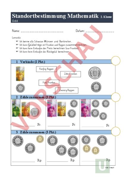 Arbeitsblatt Lernkontrolle Geld 2 Klasse Mathematik Sachrechnen Grössen