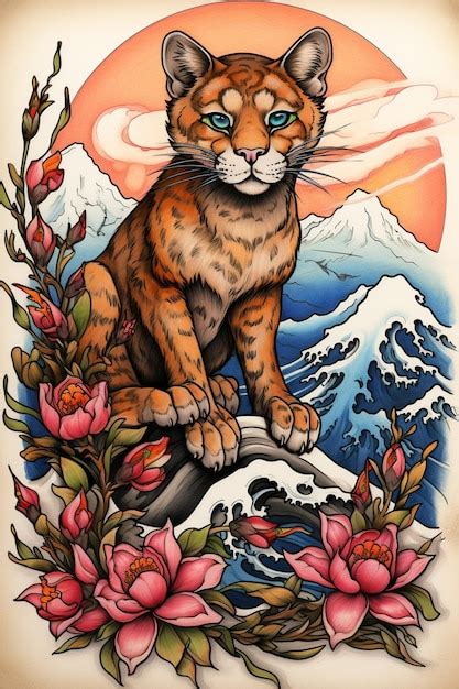 Arte Del Tatuaje De Un Gato Sentado En Una Roca Con Flores Generativas