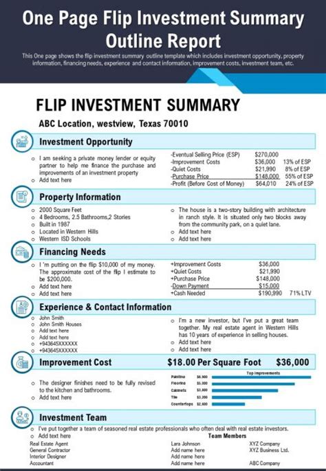 One Page Flip Investment Summary Outline Report Presentation Report Infographic Ppt Pdf Document