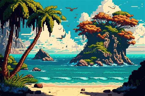 Pixel Art Of Tropical Beach Background Summer Vacation And Holiday