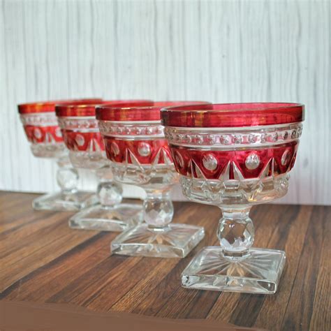 Vintage Indiana Glass Colony Park Lane Clear Ruby Red Flashed Sherbet Champagne Goblet Set Of 4