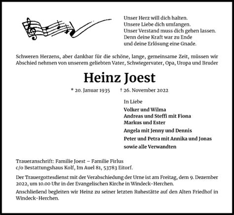 Traueranzeigen Von Heinz Joest WirTrauern