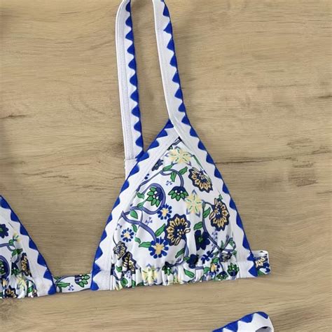 Blue Floral Print Whip Stitch Piece Set Bikini Depop
