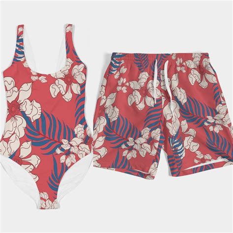 Matching Swimwear Set Swimsuit Bikini Trunks And Accessories For Couples Tropical Red Print Etsy
