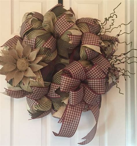 Country Mesh Wreath Burgundy Gingham Wreath Front Door Etsy Summer