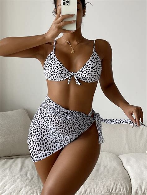 Shein Swim Vcay Dalmatian Knot Front Push Up Bikini Swimsuit With Beach