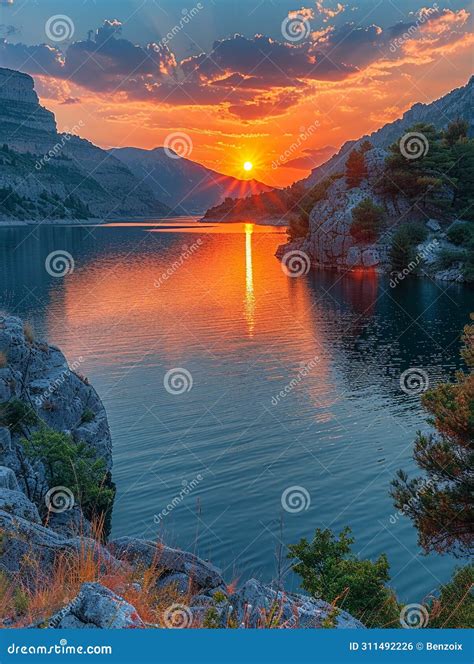 Dramatic Sunset Over Pristine Lake Stock Photo Image Of Scenic