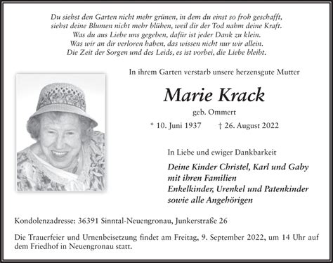 Traueranzeigen Von Marie Krack Trauer De