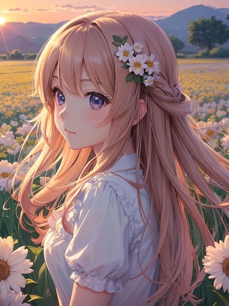 Premium AI Image | Kawaii girl in flower field anime art for mobile ...