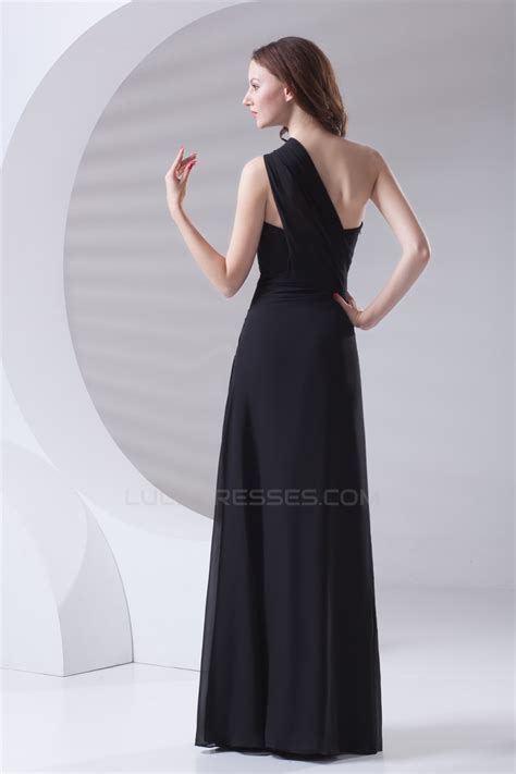 A Line Sleeveless Floor Length One Shoulder Long Black Chiffon