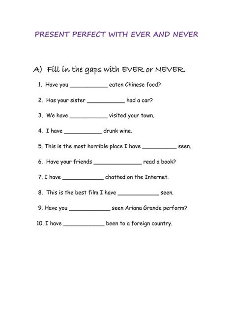 The Present Perfect With Ever And Never Worksheet Is Shown In This Image