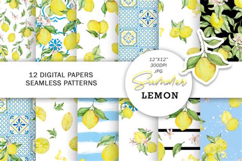 Watercolor Lemon And Italian Tile Digital Paper By Svetaartlana