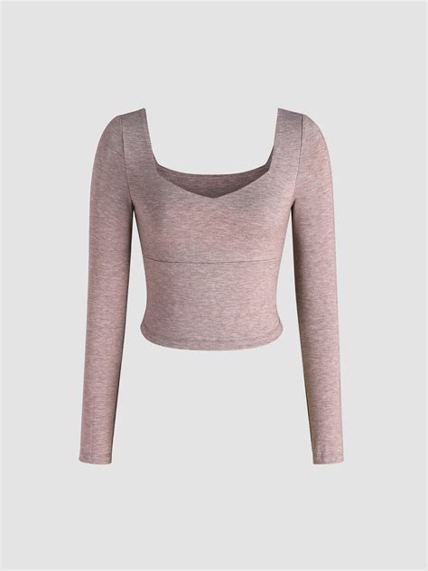 Solid U Neckline Long Sleeve Tee Cider