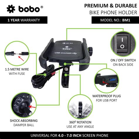 BOBO BM1 Jaw Grip Bike Phone Holder With Fast USB 3 0 Charger